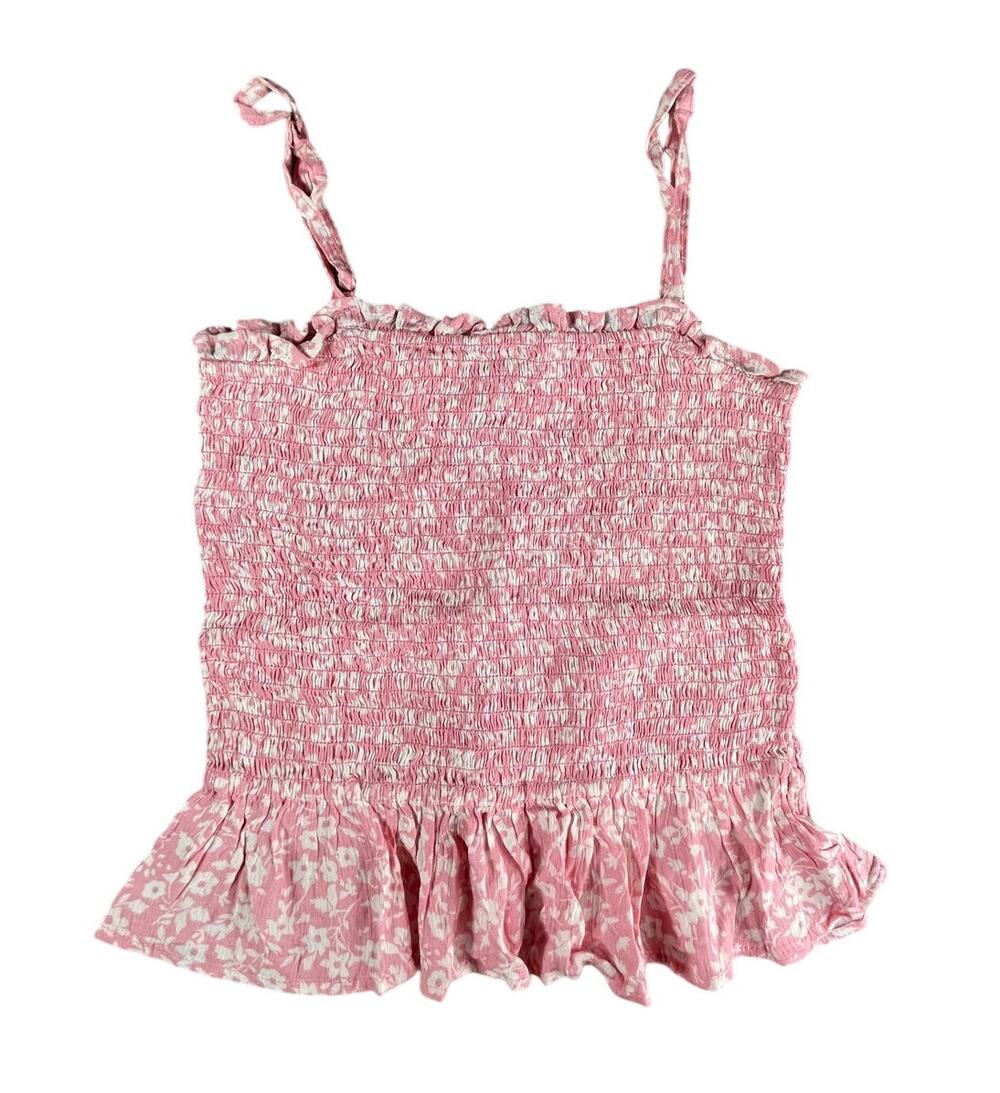 Billabong Tank Top Shirt Womens Small Pink Ruffle Peplum Fitted Floral Print